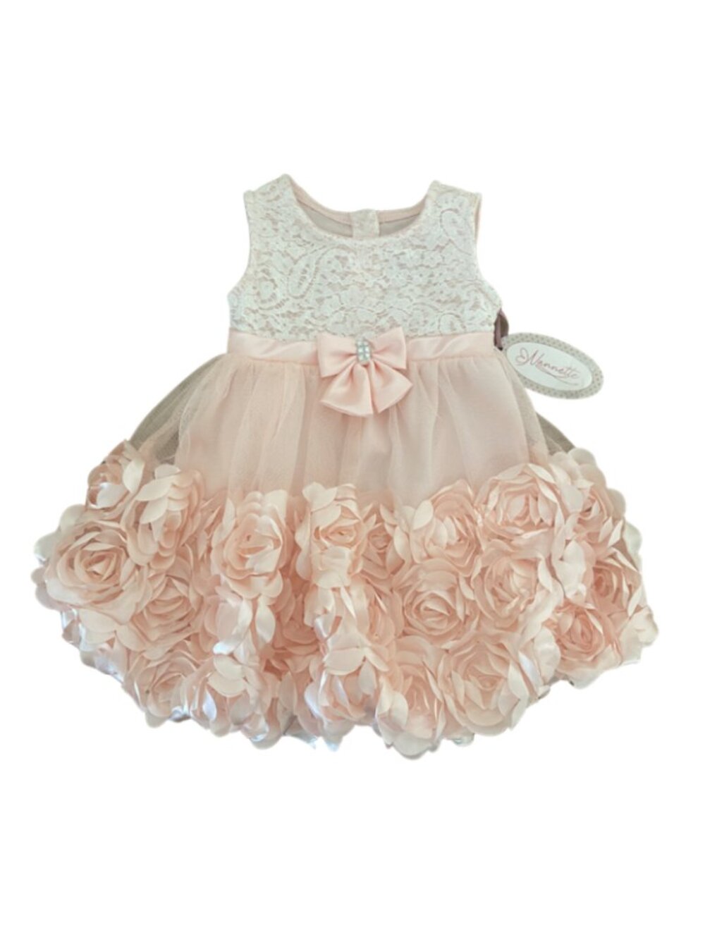 Nannette NWT baby girl 12 month pastel pink rosette bow formal dress rhinestone